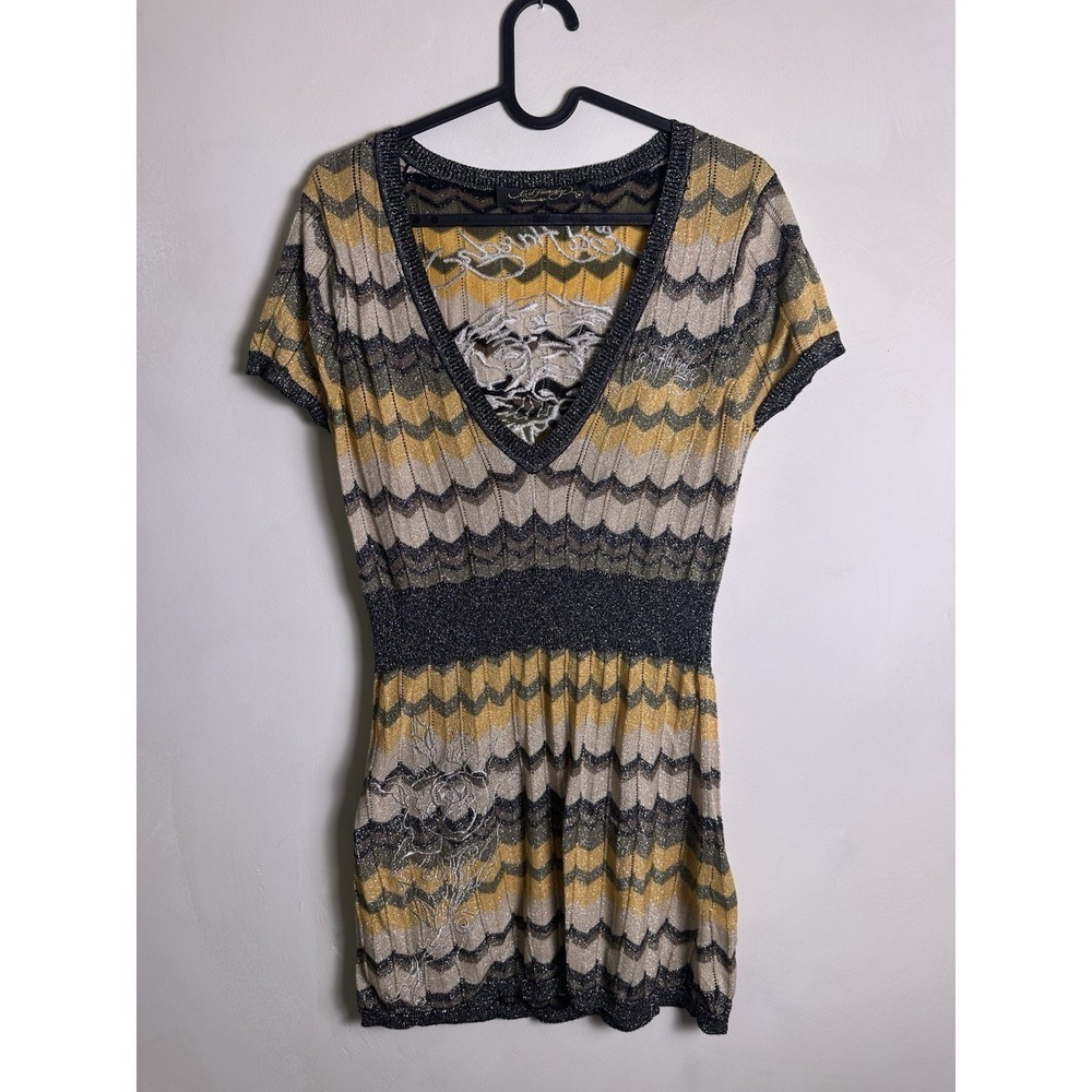 Vintage Y2K Ed Hardy Christian Audigier bodycon yellow gray Sweater Tunic Sz M‎